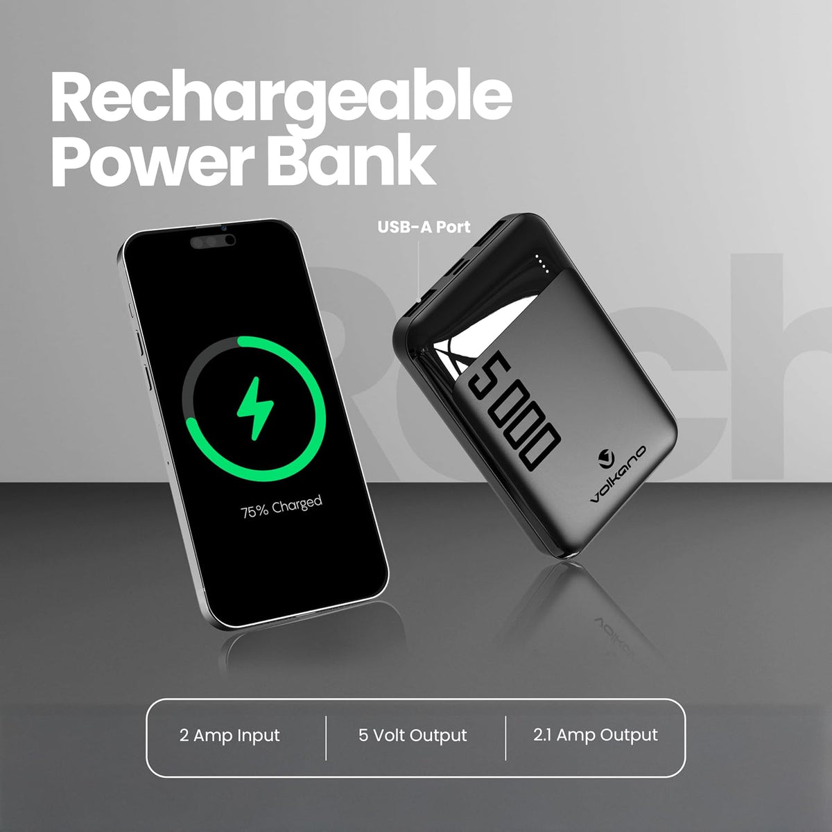 Volkano Punch Series 5000mAh Power Bank – Black | Compact & Lightweight