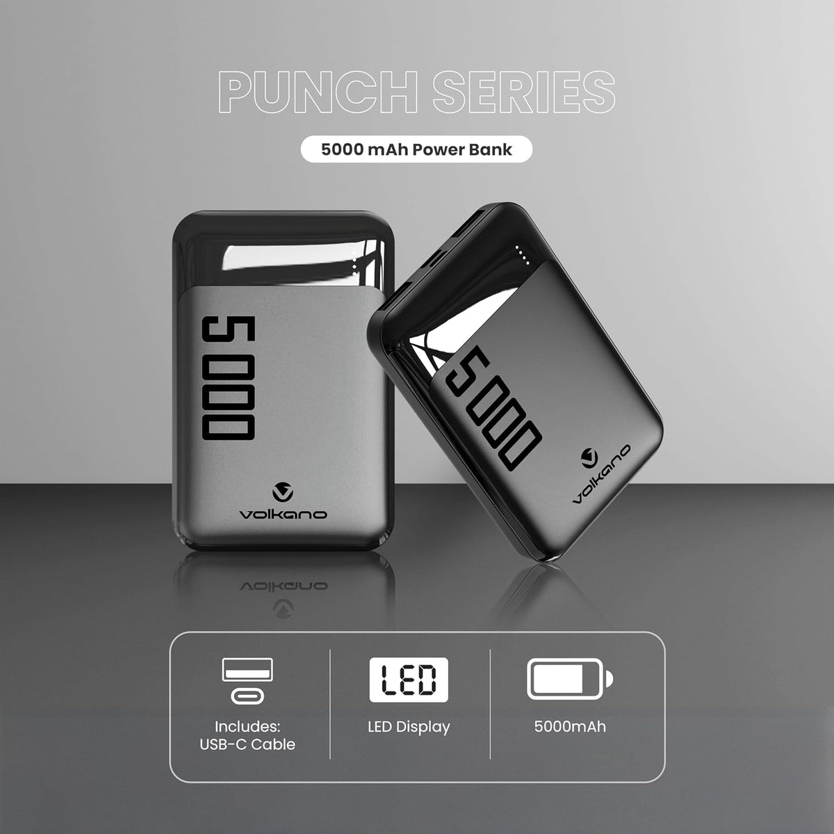 Volkano Punch Series 5000mAh Power Bank – Black | Compact & Lightweight
