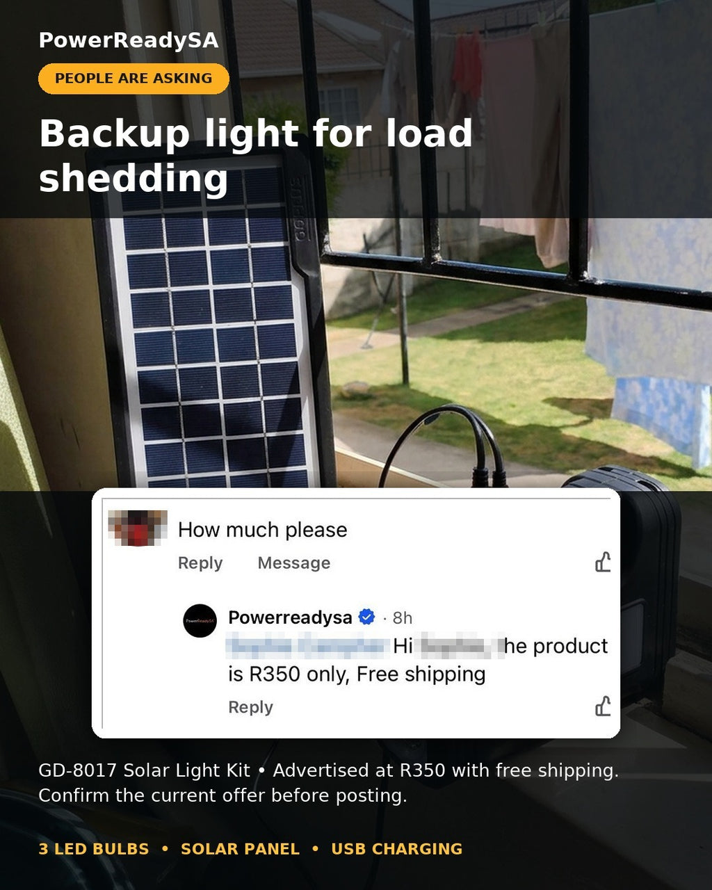 GDlite Solar Light Kit – 3 Hanging Bulbs for Load Shedding